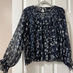 Lucky Brand Navy Floral Sheer Blouse